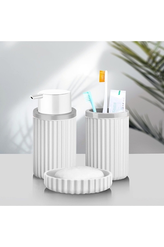 Lines Serisi Beyaz Banyo Seti, 3 Parça Oval Akrilik Sabunluk Fırçalık ve Sıvı Sabunluk Takımı - 3319 - 3