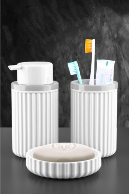 Lines Serisi Beyaz Banyo Seti, 3 Parça Oval Akrilik Sabunluk Fırçalık ve Sıvı Sabunluk Takımı - 3319 - 4