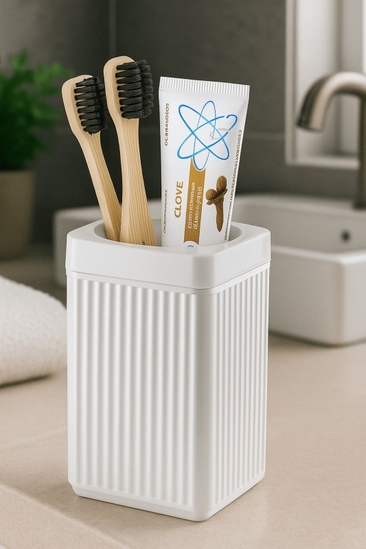 Lines Serisi Beyaz Banyo Seti, 5 Parça Akrilik Kare 5 Litre Çöp Kovası, Sabunluk, Fırçalık Takımı - 4