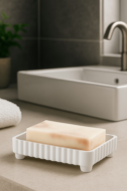 Lines Serisi Beyaz Banyo Seti, 5 Parça Akrilik Kare 5 Litre Çöp Kovası, Sabunluk, Fırçalık Takımı - 6