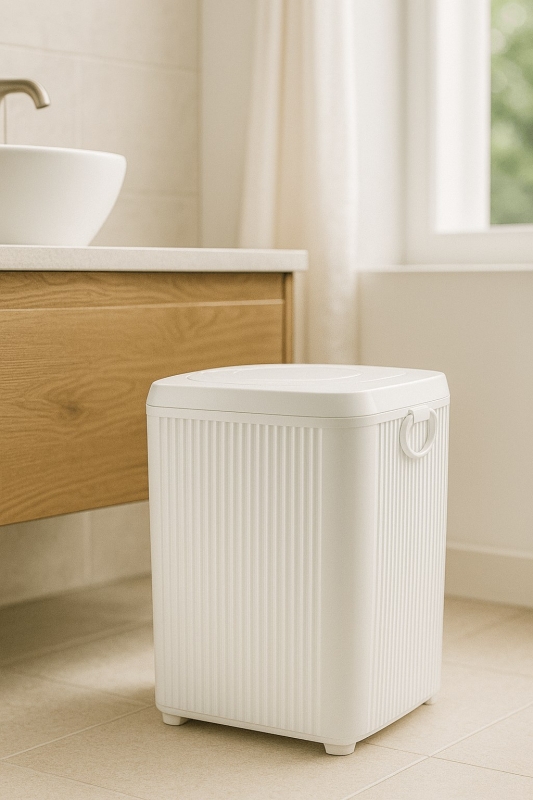 Lines Serisi Beyaz Banyo Seti, 5 Parça Akrilik Kare 5 Litre Çöp Kovası, Sabunluk, Fırçalık Takımı - 2