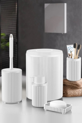Lines Serisi Beyaz Banyo Seti, 5 Parça Lüks Akrilik Çöp Kovası, Fırça, Sabunluk Banyo Aksesuar Seti - 7