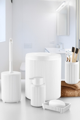 Lines Serisi Beyaz Banyo Seti, 5 Parça Lüks Akrilik Çöp Kovası, Fırça, Sabunluk Banyo Aksesuar Seti - Sas Haus