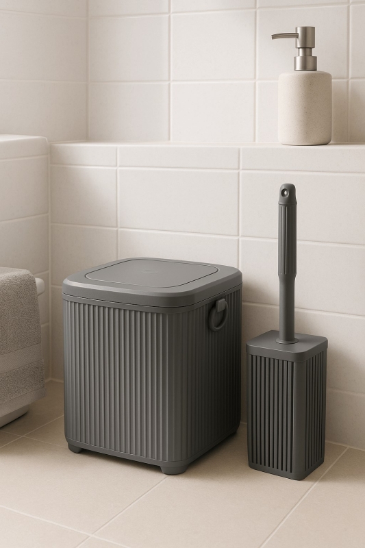 Lines Serisi Gri 2'li Banyo Seti, Akrilik Kare 5 Litre Çöp Kovası, Tuvalet Fırçası Takımı 3460 - 4
