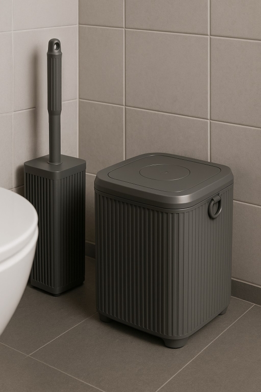 Lines Serisi Gri 2'li Banyo Seti, Akrilik Kare 5 Litre Çöp Kovası, Tuvalet Fırçası Takımı 3460 - 5