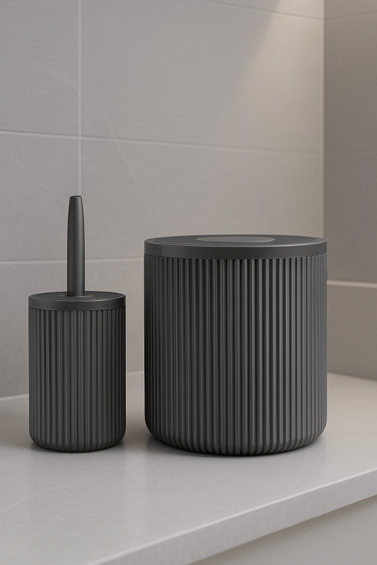 Lines Serisi Gri Banyo Seti, 2 Parça Akrilik Silindir 5 Litre Çöp Kovası ve Tuvalet Fırçası Takımı - 5