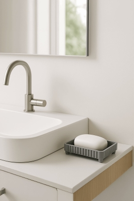 Lines Serisi Gri Banyo Seti, 3 Parça Oval Akrilik Sabunluk Fırçalık ve Sıvı Sabunluk Takımı - 3319 - 3