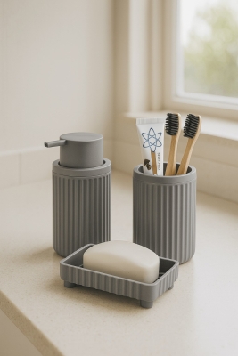Lines Serisi Gri Banyo Seti, 3 Parça Oval Akrilik Sabunluk Fırçalık ve Sıvı Sabunluk Takımı - 3319 - 5