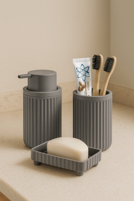 Lines Serisi Gri Banyo Seti, 3 Parça Oval Akrilik Sabunluk Fırçalık ve Sıvı Sabunluk Takımı - 3319 - Sas Haus