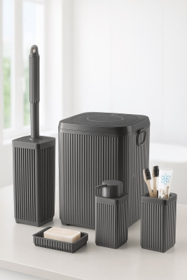 Lines Serisi Gri Banyo Seti, 5 Parça Akrilik Kare 5 Litre Çöp Kovası, Sabunluk, Fırçalık Takımı 3462 - 1