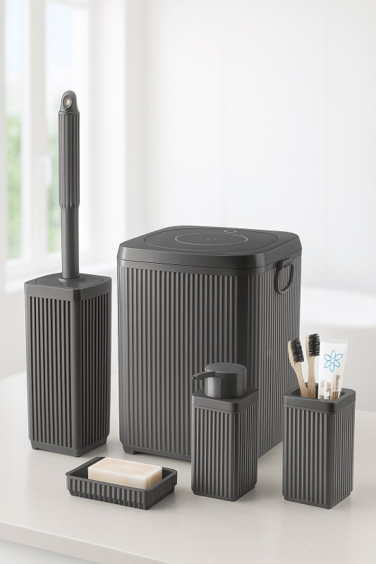 Lines Serisi Gri Banyo Seti, 5 Parça Akrilik Kare 5 Litre Çöp Kovası, Sabunluk, Fırçalık Takımı 3462 - 1