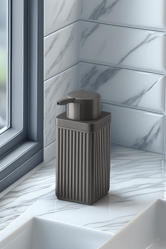 Lines Serisi Gri Banyo Seti, 5 Parça Akrilik Kare 5 Litre Çöp Kovası, Sabunluk, Fırçalık Takımı 3462 - 3