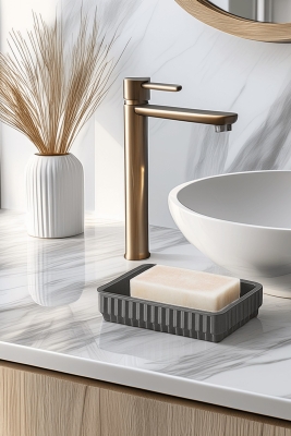 Lines Serisi Gri Banyo Seti, 5 Parça Akrilik Kare 5 Litre Çöp Kovası, Sabunluk, Fırçalık Takımı 3462 - 5