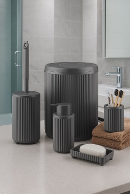Lines Serisi Gri Banyo Seti, 5 Parça Lüks Akrilik Çöp Kovası, Fırça, Sabunluk Banyo Aksesuar Seti - 1