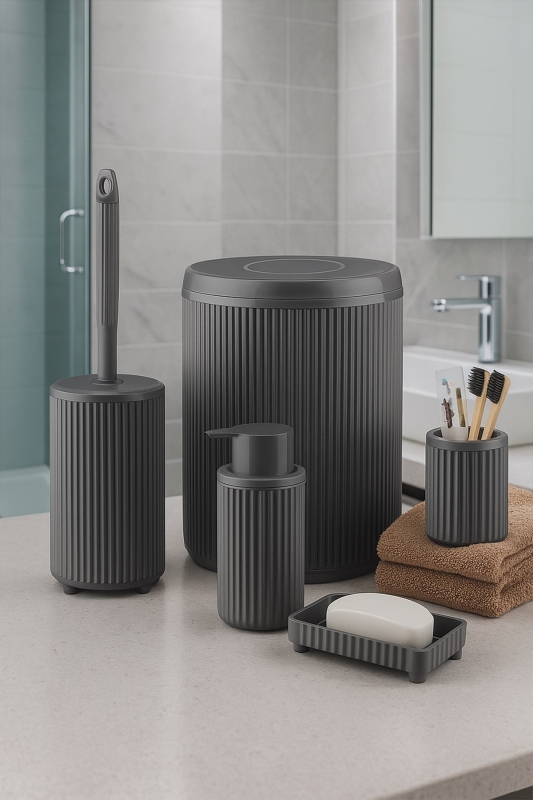 Lines Serisi Gri Banyo Seti, 5 Parça Lüks Akrilik Çöp Kovası, Fırça, Sabunluk Banyo Aksesuar Seti - 1