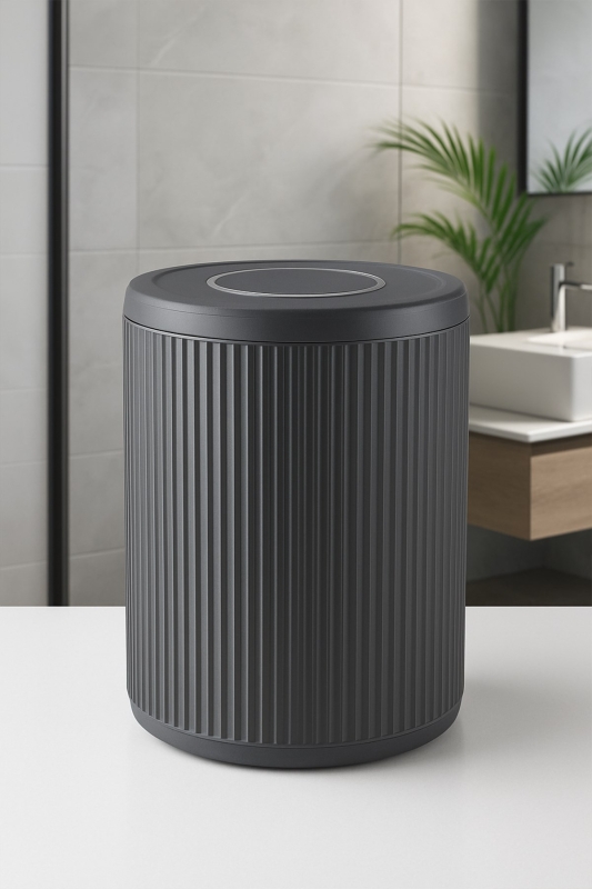 Lines Serisi Gri Banyo Seti, 5 Parça Lüks Akrilik Çöp Kovası, Fırça, Sabunluk Banyo Aksesuar Seti - 3