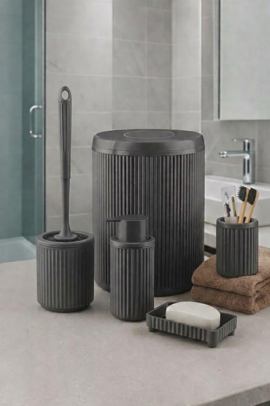 Lines Serisi Gri Banyo Seti, 5 Parça Lüks Akrilik Çöp Kovası, Fırça, Sabunluk Banyo Aksesuar Seti - 1