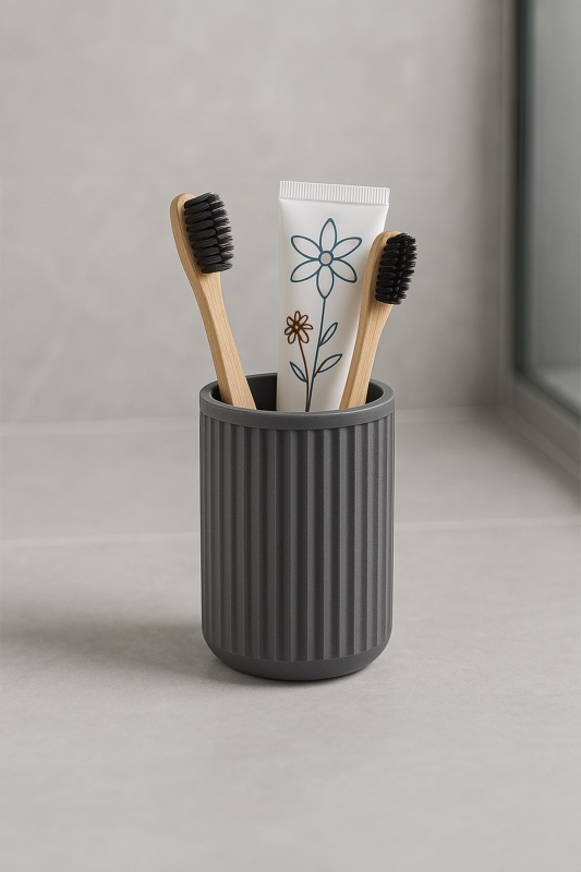 Lines Serisi Gri Banyo Seti, 5 Parça Lüks Akrilik Çöp Kovası, Fırça, Sabunluk Banyo Aksesuar Seti - 6