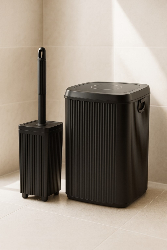 Lines Serisi Siyah 2'li Banyo Seti, Akrilik Kare 5 Litre Çöp Kovası, Tuvalet Fırçası Takımı 3460 - 4