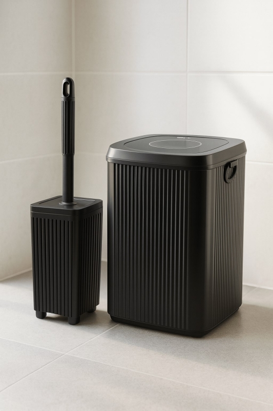 Lines Serisi Siyah 2'li Banyo Seti, Akrilik Kare 5 Litre Çöp Kovası, Tuvalet Fırçası Takımı 3460 - 5