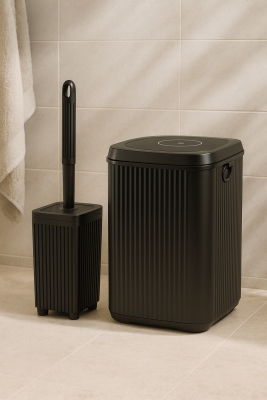 Lines Serisi Siyah 2'li Banyo Seti, Akrilik Kare 5 Litre Çöp Kovası, Tuvalet Fırçası Takımı 3460 - 6