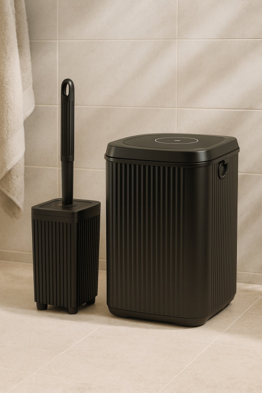 Lines Serisi Siyah 2'li Banyo Seti, Akrilik Kare 5 Litre Çöp Kovası, Tuvalet Fırçası Takımı 3460 - 6