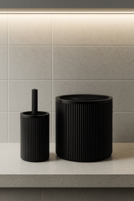 Lines Serisi Siyah Banyo Seti, 2 Parça Akrilik Silindir 5 Litre Çöp Kovası ve Tuvalet Fırçası Takımı - 4