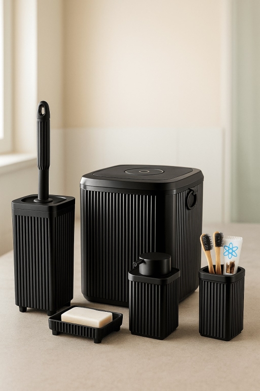 Lines Serisi Siyah Banyo Seti, 5 Parça Akrilik Kare 5 Litre Çöp Kovası, Sabunluk, Fırçalık Takımı - 1