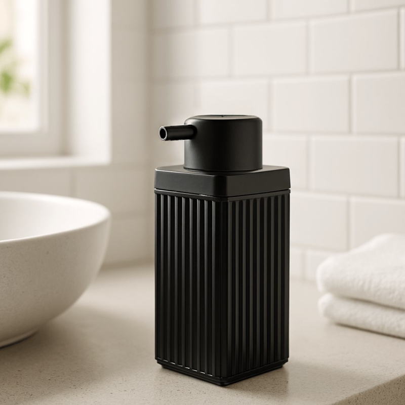 Lines Serisi Siyah Banyo Seti, 5 Parça Akrilik Kare 5 Litre Çöp Kovası, Sabunluk, Fırçalık Takımı - 5