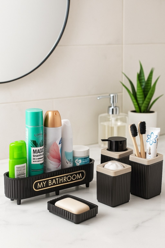Lines Serisi Siyah Banyo Seti, 5 Parça Akrilik Organizer, Sabunluk, Diş Fırçalık, Pamukluk Takımı - 1