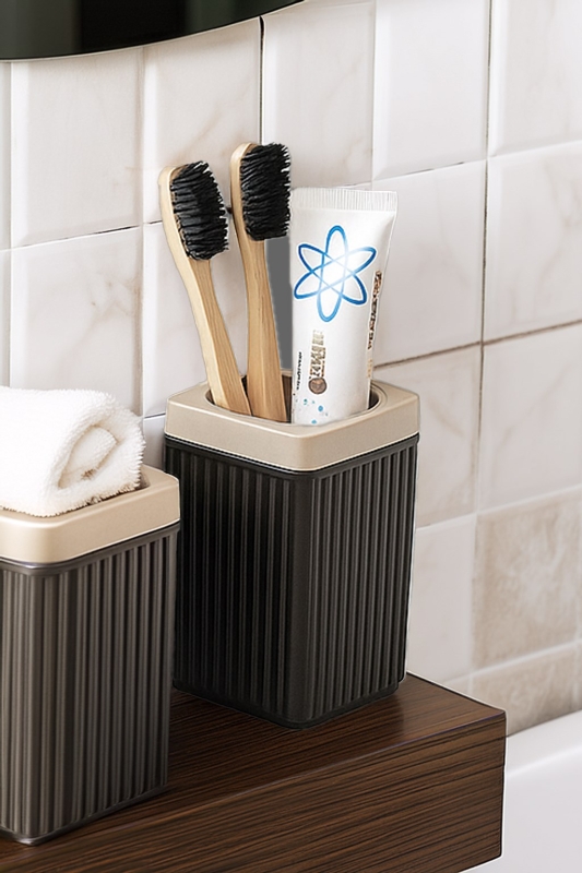 Lines Serisi Siyah Banyo Seti, 5 Parça Akrilik Organizer, Sabunluk, Diş Fırçalık, Pamukluk Takımı - 4