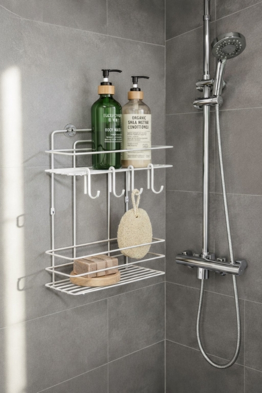 Lüks Beyaz Metal 2 Katlı Banyo Rafı Şampuanlık Ve Duş Rafı Askılı Yapışkanlı Duvara Monte TŞ-02 - 1