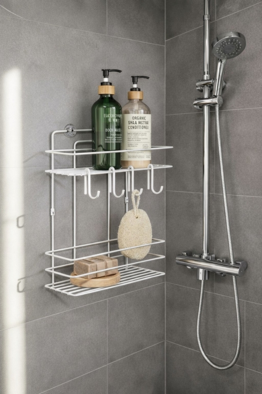 Lüks Beyaz Metal 2 Katlı Banyo Rafı Şampuanlık Ve Duş Rafı Askılı Yapışkanlı Duvara Monte TŞ-02 - 2