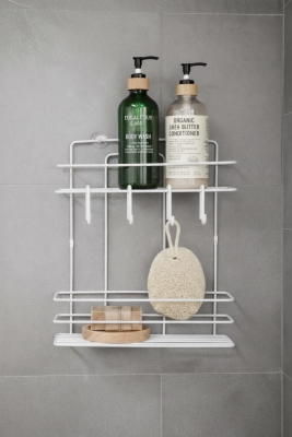 Lüks Beyaz Metal 2 Katlı Banyo Rafı Şampuanlık Ve Duş Rafı Askılı Yapışkanlı Duvara Monte TŞ-02 - 3