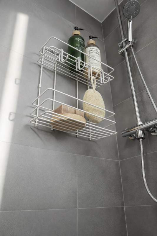 Lüks Beyaz Metal 2 Katlı Banyo Rafı Şampuanlık Ve Duş Rafı Askılı Yapışkanlı Duvara Monte TŞ-02 - 6