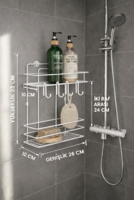 Lüks Beyaz Metal 2 Katlı Banyo Rafı Şampuanlık Ve Duş Rafı Askılı Yapışkanlı Duvara Monte TŞ-02 - 7