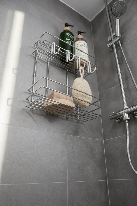 Lüks Krom Metal 2 Katlı Banyo Rafı Şampuanlık Ve Duş Rafı Askılı Yapışkanlı Duvara Monte TŞ-02 - 6