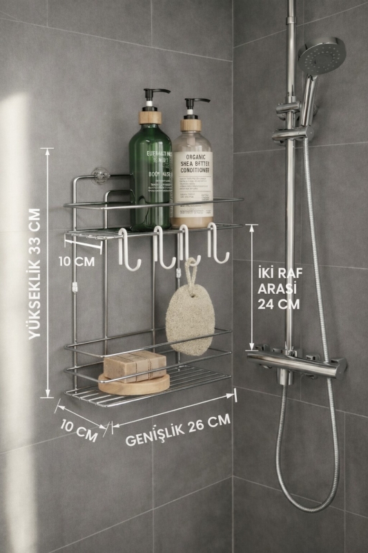 Lüks Krom Metal 2 Katlı Banyo Rafı Şampuanlık Ve Duş Rafı Askılı Yapışkanlı Duvara Monte TŞ-02 - 7