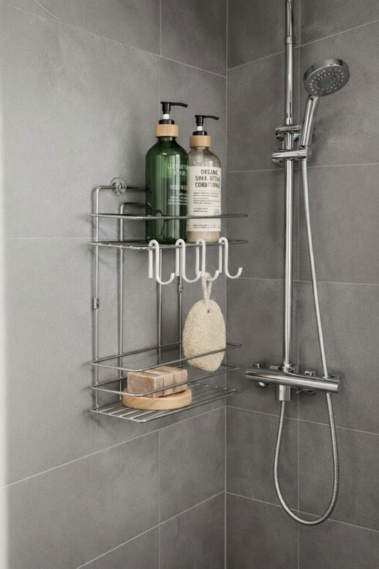 Lüks Krom Metal 2 Katlı Banyo Rafı Şampuanlık Ve Duş Rafı Askılı Yapışkanlı Duvara Monte TŞ-02 - 2