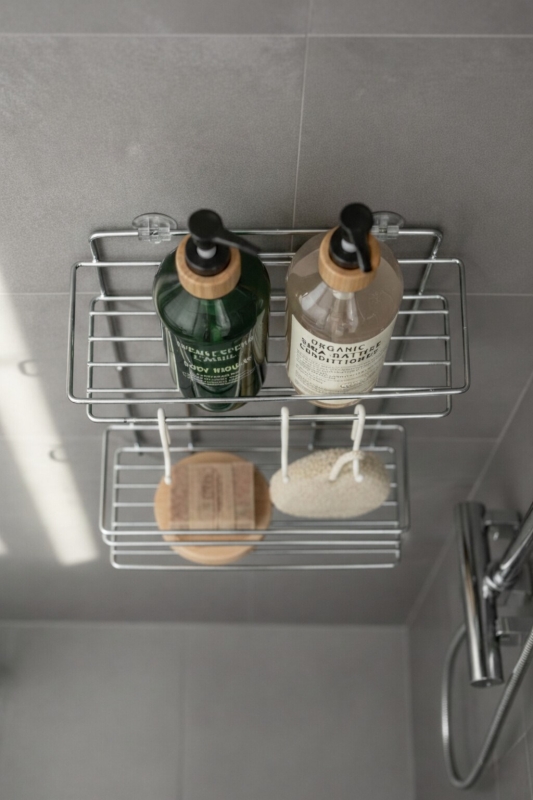 Lüks Krom Metal 2 Katlı Banyo Rafı Şampuanlık Ve Duş Rafı Askılı Yapışkanlı Duvara Monte TŞ-02 - 4