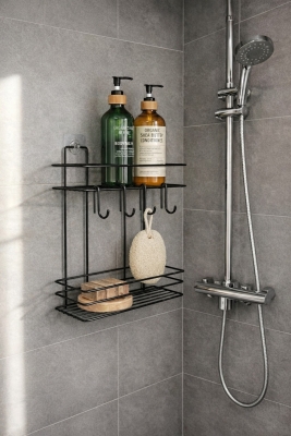 Lüks Siyah Metal 2 Katlı Banyo Rafı Şampuanlık Ve Duş Rafı Askılı Yapışkanlı Duvara Monte TŞ-02 - Sas Haus