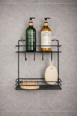 Lüks Siyah Metal 2 Katlı Banyo Rafı Şampuanlık Ve Duş Rafı Askılı Yapışkanlı Duvara Monte TŞ-02 - 2