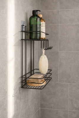 Lüks Siyah Metal 2 Katlı Banyo Rafı Şampuanlık Ve Duş Rafı Askılı Yapışkanlı Duvara Monte TŞ-02 - 3