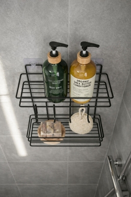 Lüks Siyah Metal 2 Katlı Banyo Rafı Şampuanlık Ve Duş Rafı Askılı Yapışkanlı Duvara Monte TŞ-02 - 4