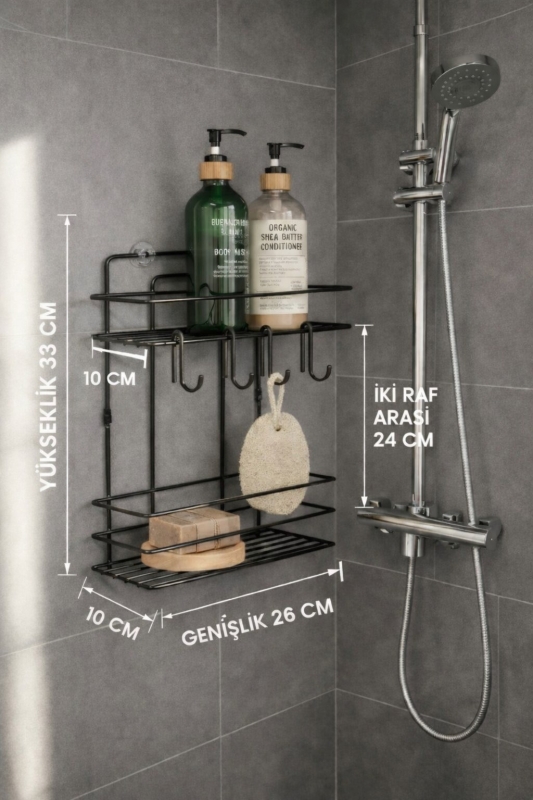 Lüks Siyah Metal 2 Katlı Banyo Rafı Şampuanlık Ve Duş Rafı Askılı Yapışkanlı Duvara Monte TŞ-02 - 7