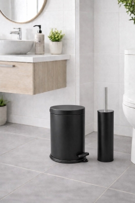 Mat Siyah 2'li Banyo Seti - Metal Çöp Kovası 3 Lt Ve Wc Fırçası Takımı Titan 7200 - Sas Haus