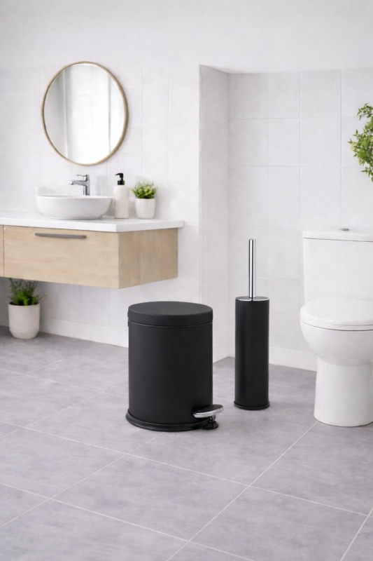 Mat Siyah 2'li Banyo Seti - Metal Çöp Kovası 3 Lt Ve Wc Fırçası Takımı Titan 7200 - 8