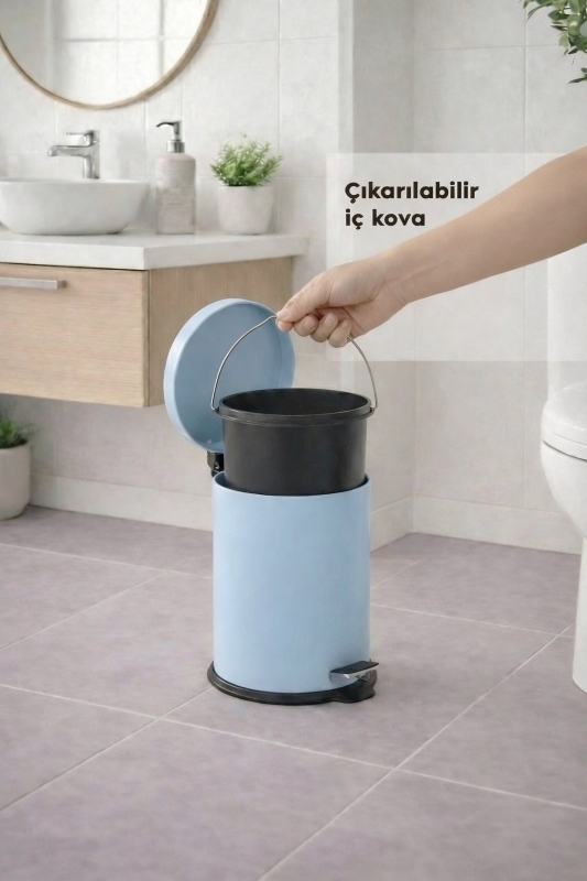 Mavi 2'li Banyo Seti - Metal Çöp Kovası 3 Lt Ve Wc Fırçası Takımı Elit 7200 - 7
