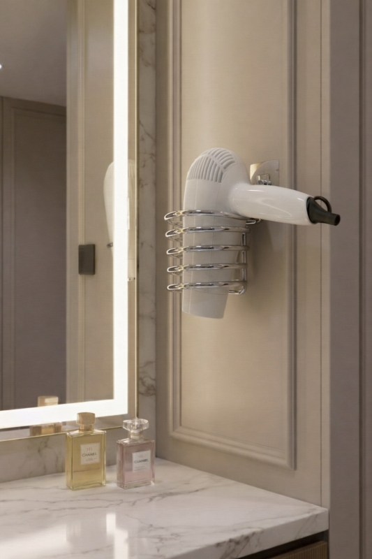 Metal Krom Yapışkanlı Saç Kurutma Makinesi Askısı - Banyo Duvar Düzenleyici MS-012 - 1