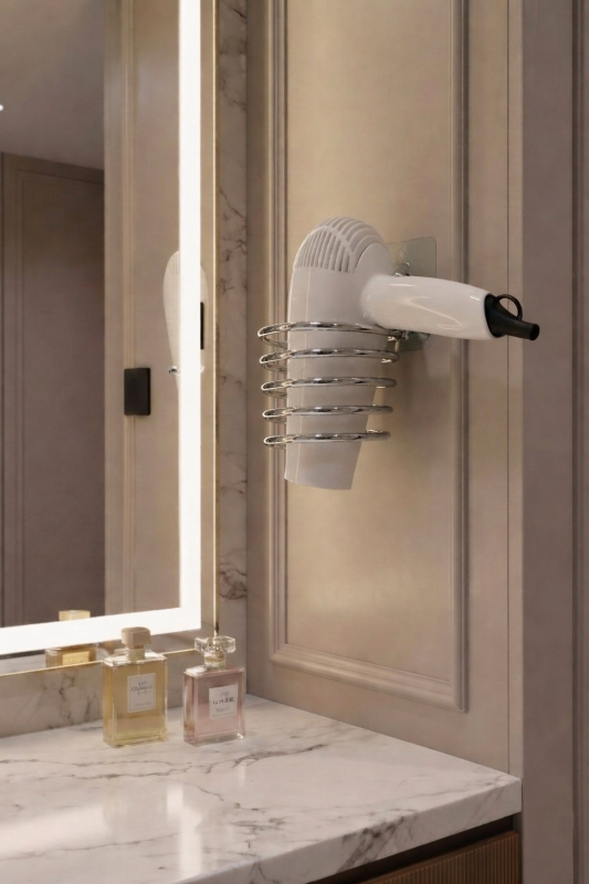 Metal Krom Yapışkanlı Saç Kurutma Makinesi Askısı - Banyo Duvar Düzenleyici MS-012 - 4